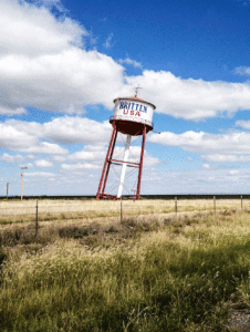 photograph of the leaning water tower in Groom, Texas