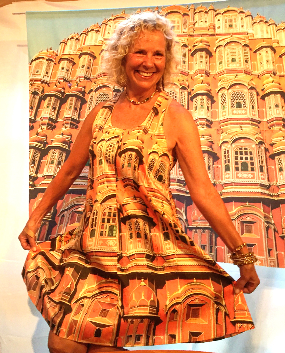 Dress designed by Mary Anne Erickson and made from two of her photographs of Hawa Mahal in Jaipur, India.