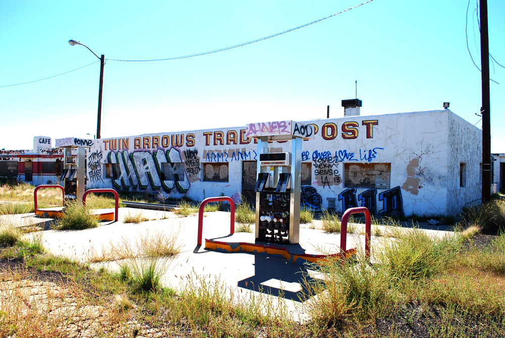 photograph of the desolate gas station at Twin Arrows Trading Post