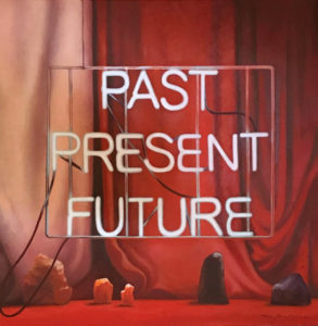 Gypsy fortune teller's neon sign that says "Past Present Future"