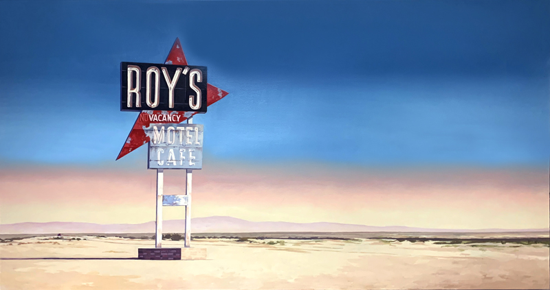 oil painting of Roy's Motel and Cafe sign in the middle of the Mohave Desert