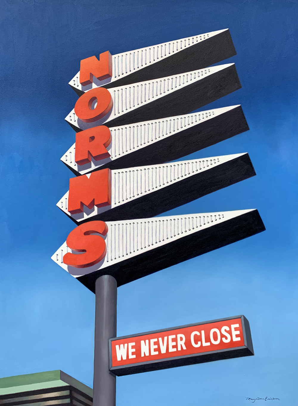 This is an oil painting of Norms restaurant sign in Los Angeles. The dimensions are 38"x52"