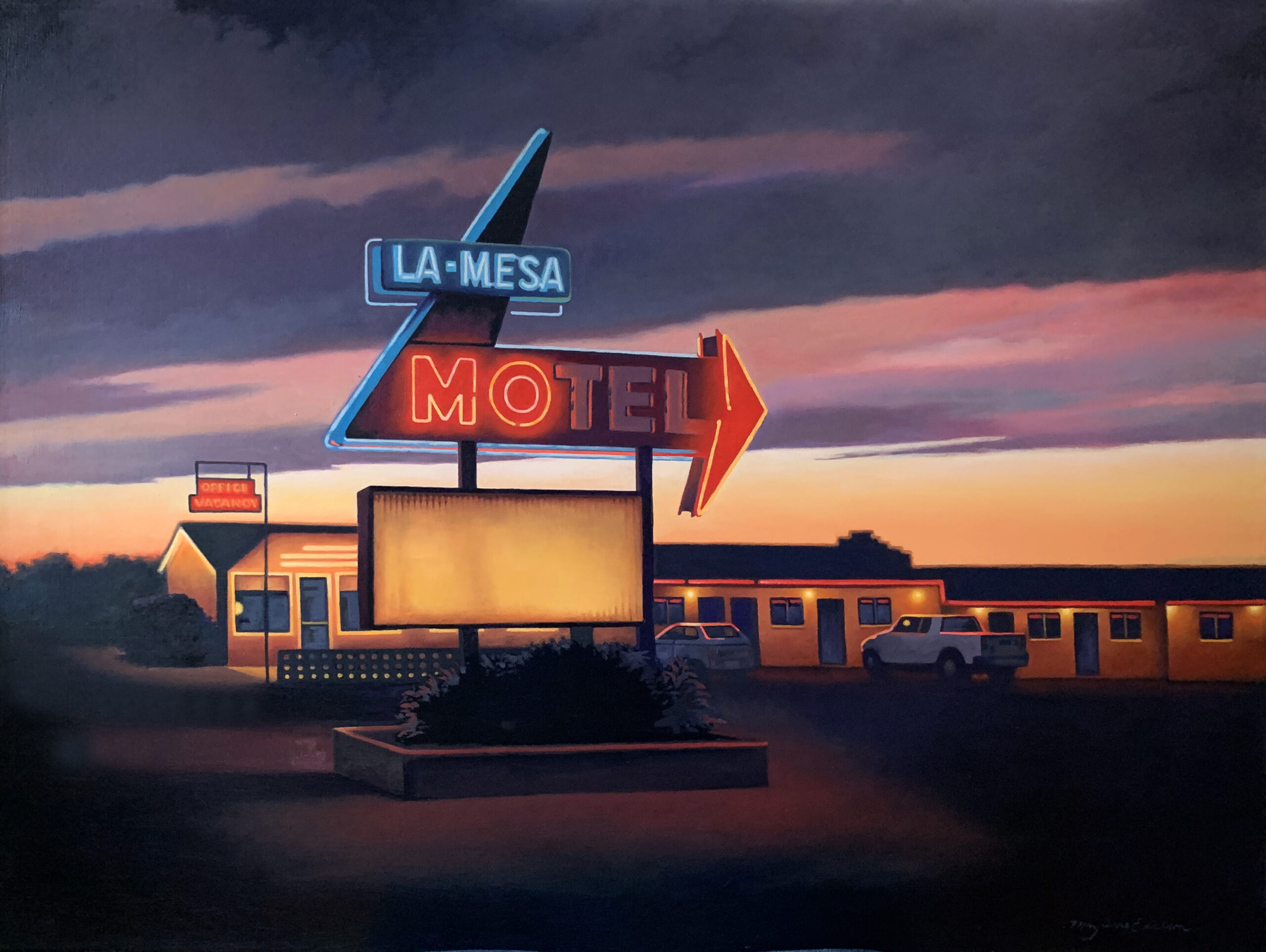 Image of painting of La Mesa Motel at sunset
