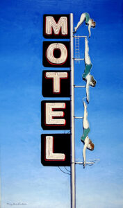 Oil painting of Diving Girls neon sign at the Starlite Motel, Mesa, AZ