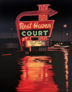 Image of painting of Rest Haven Court, Route 66 Springfield, MO at night