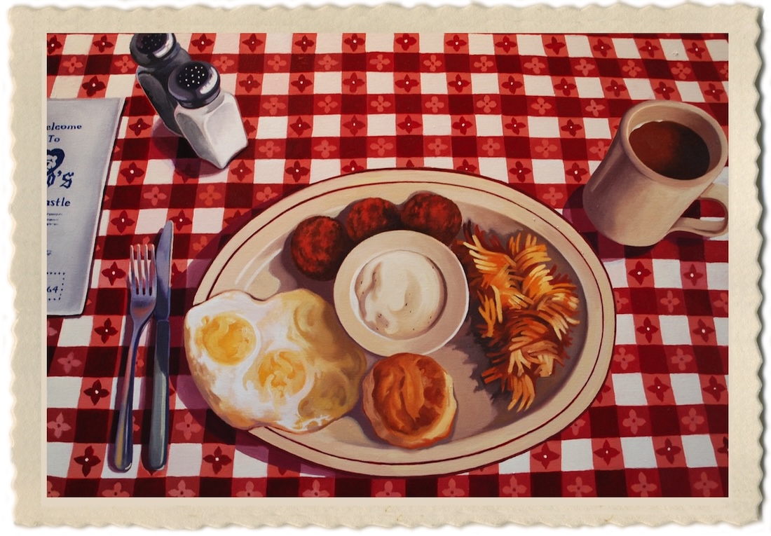 Painting-by-Mary-Anne-Erickson-eggs-hashbrowns-sausage-coffee-on-red-checked-tablecloth