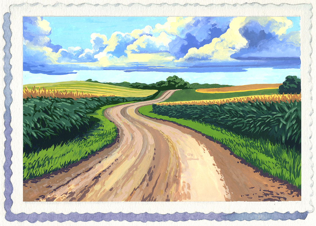 Iowa Corn gouache painting of a dirt road stretching off into the distance with corn fields on either side
