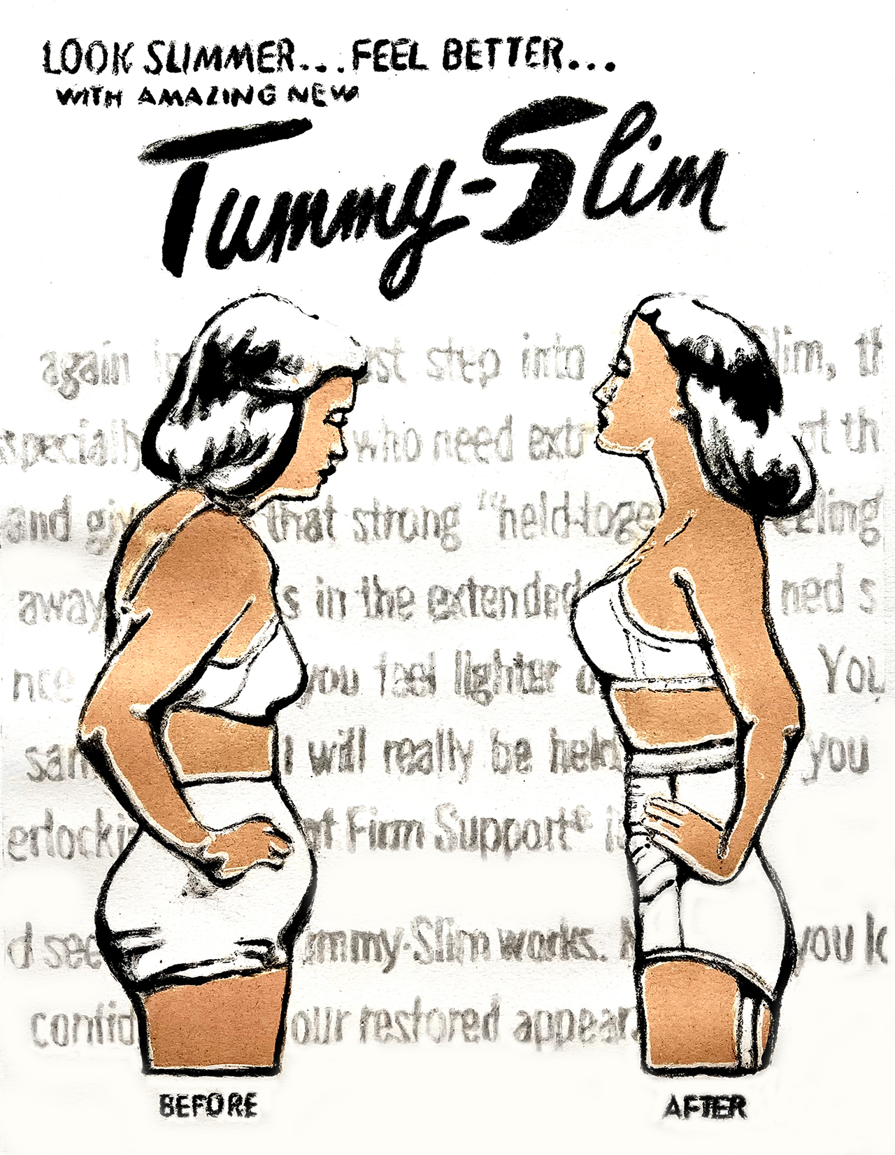 Before and After illustrations of girl with her stomach poking out and girl with super flat stomach