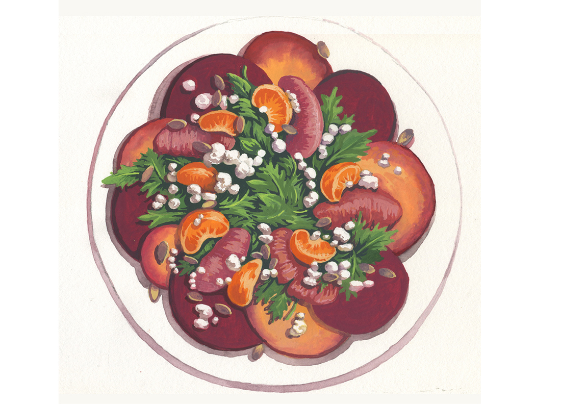 Gouached painting of a beet and orange salad
