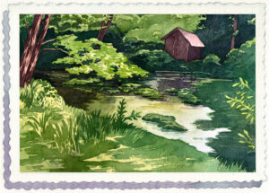 watercolor of a stream with a little hut nearby