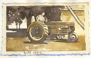 watercolor of an old photo of Richard sitting on his grandfather's lap on a tractor