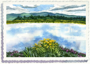watercolor painting of the pond with mountains beyond at Trapp Family Lodge