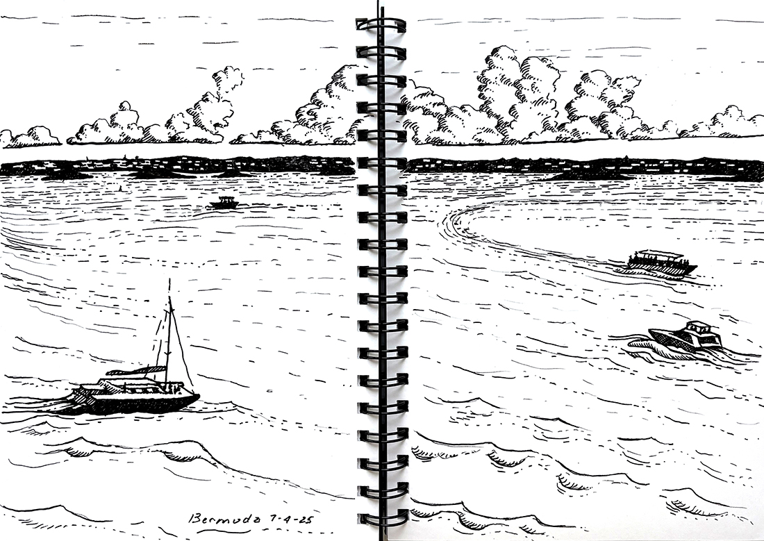 pen and ink drawing of the view from the ship looking out at the harbor in Bermuda