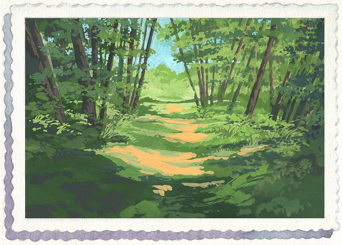 gouache painting of the forest walk at Moulin de la Barde
