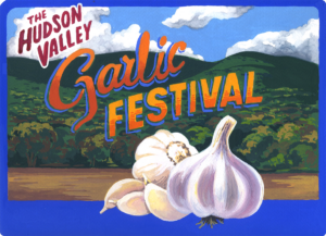 poster-like image of the Hudson Valley Garlic Festival with large garlic in the foreground