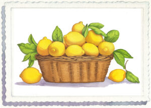watercolor painting of a basket of lemons