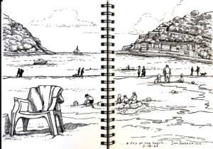 sketchbook drawing of the beach in San Sebastian, Spain