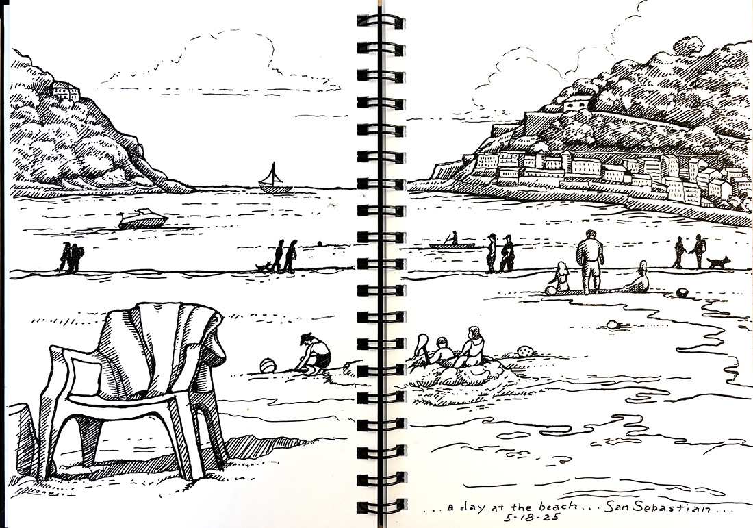 sketchbook drawing of the beach in San Sebastian, Spain