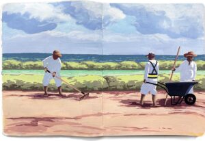 Men raking seaweed on the beach with the ocean behind them