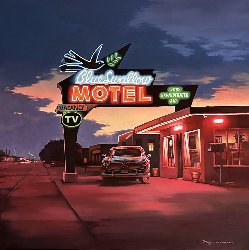 Oil painting of the Blue Swallow Motel in Tucumcari New Mexico, Route 66 at sunset