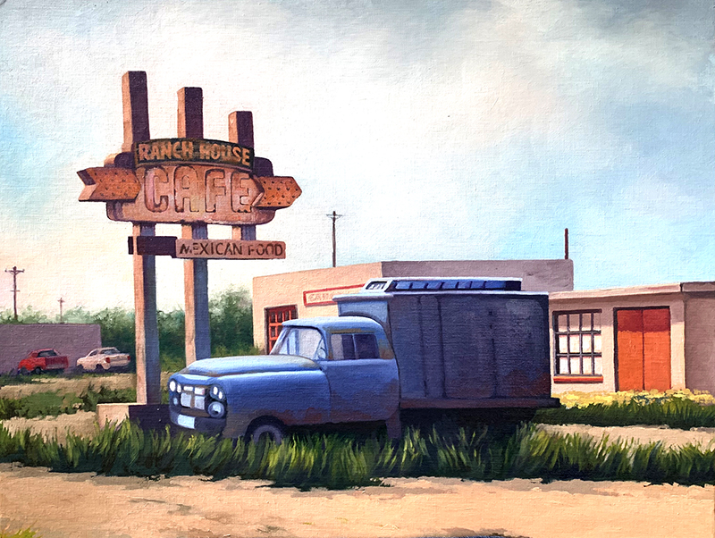 oil painting of an abandoned Route 66 scene of the Ranch House Cafe with a beat up old blue truck in front of it