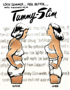 drawing of two women facing each other, one is sad with a belly, the other one has a flat stomach